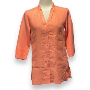 David N Linen Button Down 3/4 Sleeve V-Neck Coral Small